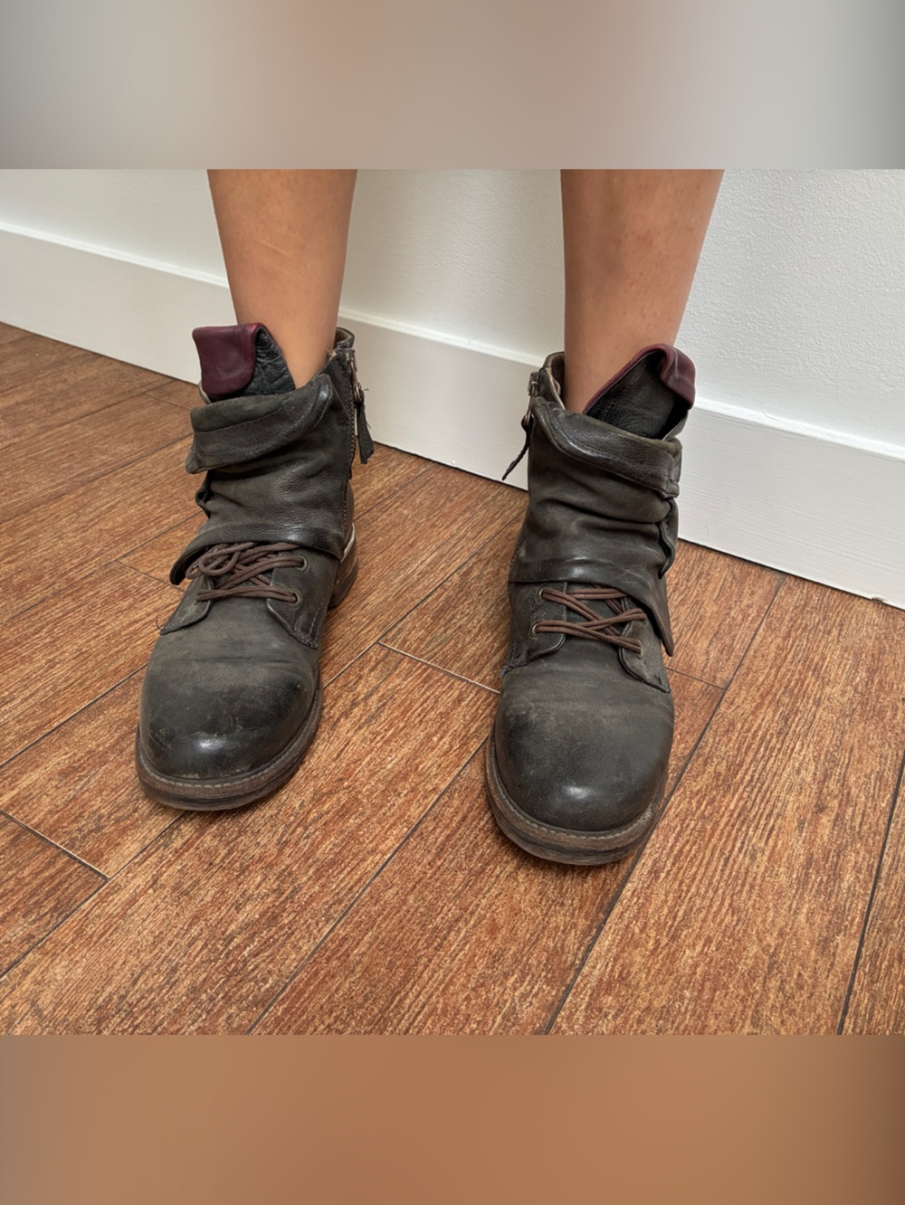 A.S.98 Womens Slouchy Leather Combat Boots in Dark Brown with Burgundy Lining